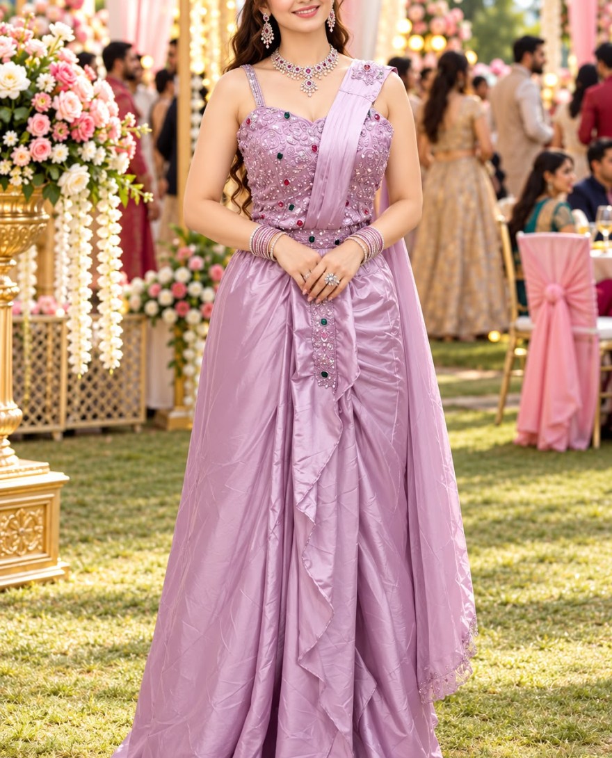 66821 - Lavender Satin Classic Saree with Embroidered and Stone Work
